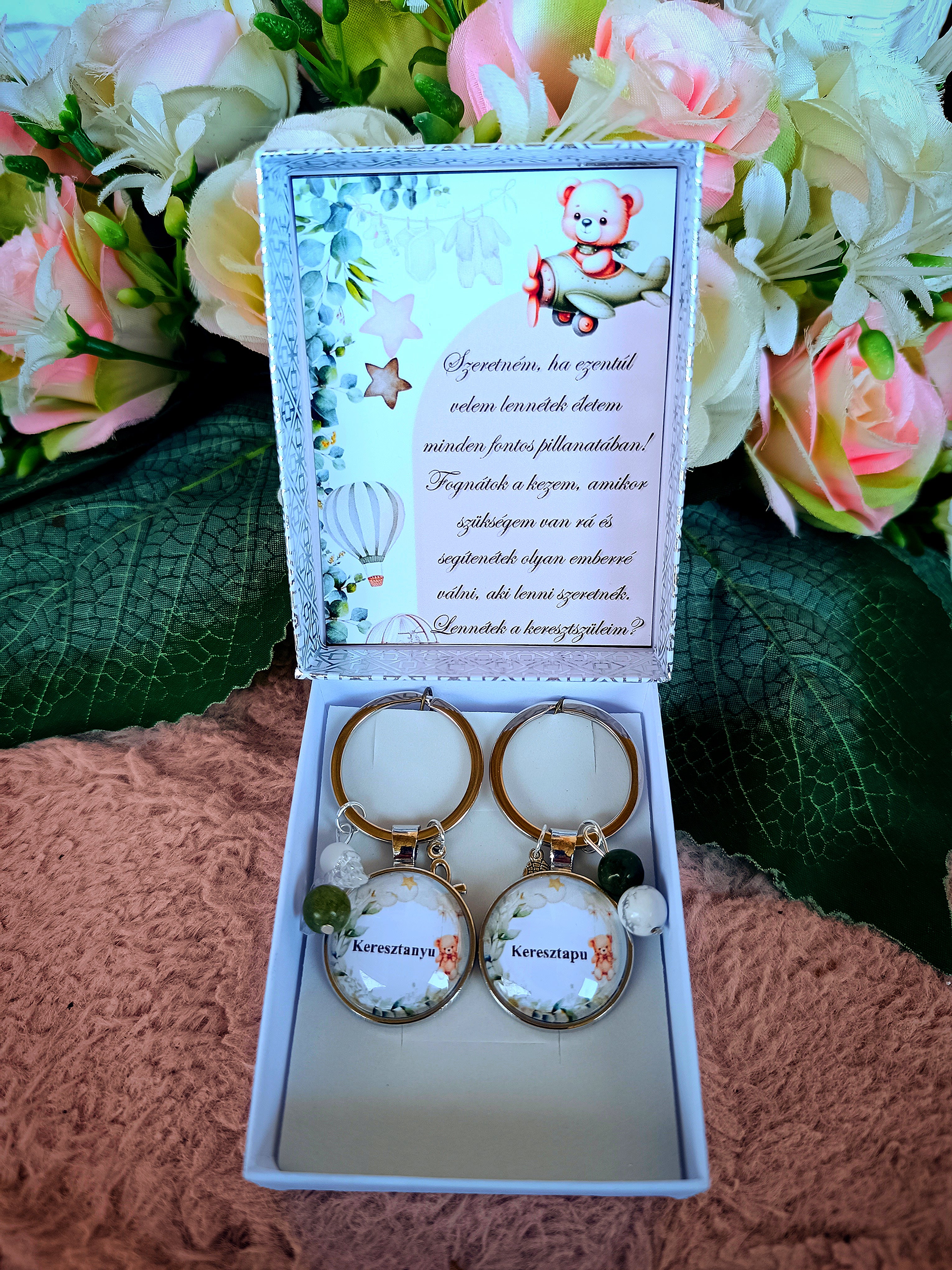 Keresztapa keresztanya felkérő kulcstartó szett macis